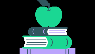Illustration med ett äpple på en trave böcker